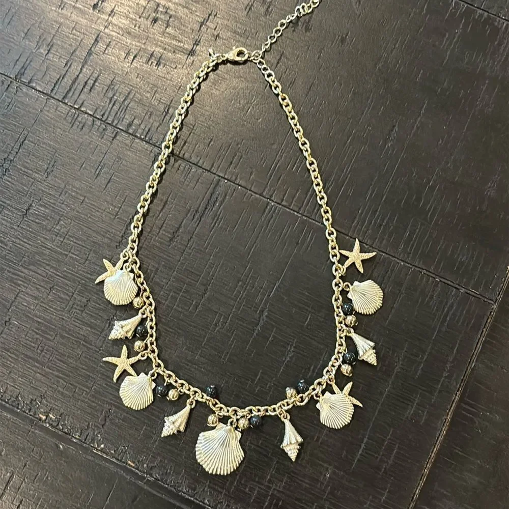 Vintage '1990's Talbot Bib Fashion Gold Tone Nautical Charm Necklace Shell Fish​
